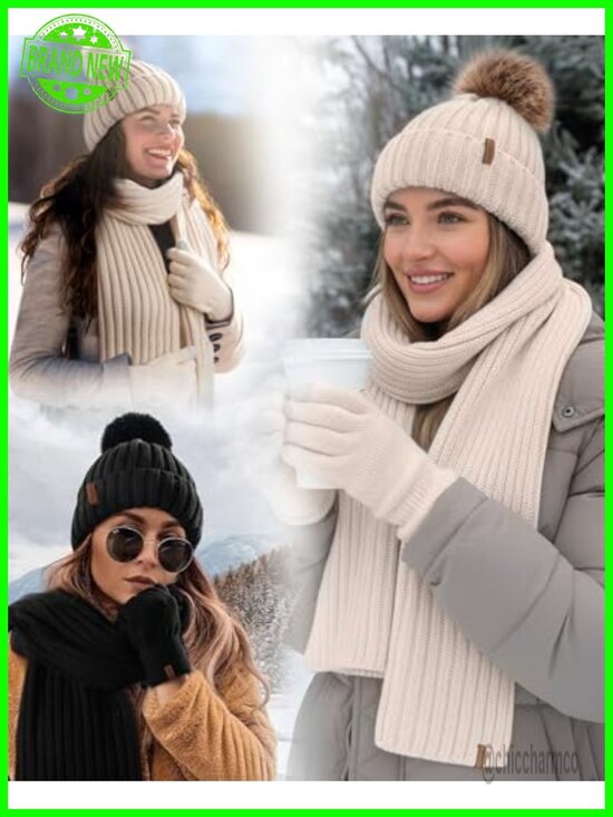 4-Piece Winter Hat Scarf Gloves Headband Set, Acrylic Knit Beanie with Pom Pom,